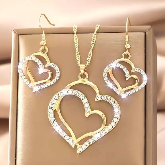 Gold Heart Pendant Necklace & Earrings Set With Rhinestone Accents - Picture 1 of 3